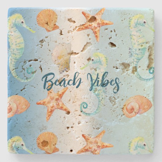 Blauwe witte ombre schelpen zeepaardzeester stenen onderzetter (Voorkant)