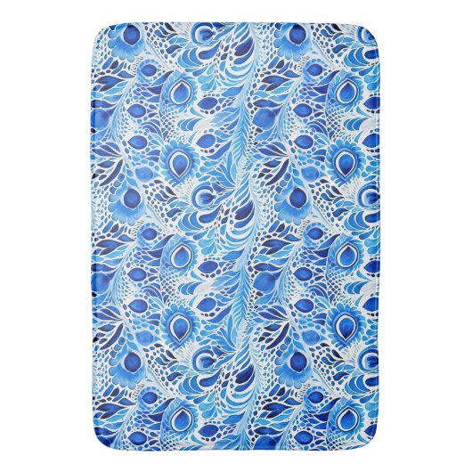 Blauwe witte pauwenveren badmat (Voorkant Verticaal)
