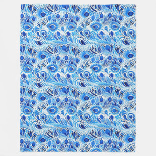 Blauwe witte pauwenveren fleece deken