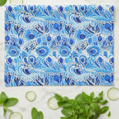 Blauwe witte pauwenveren theedoek (Gevouwen)