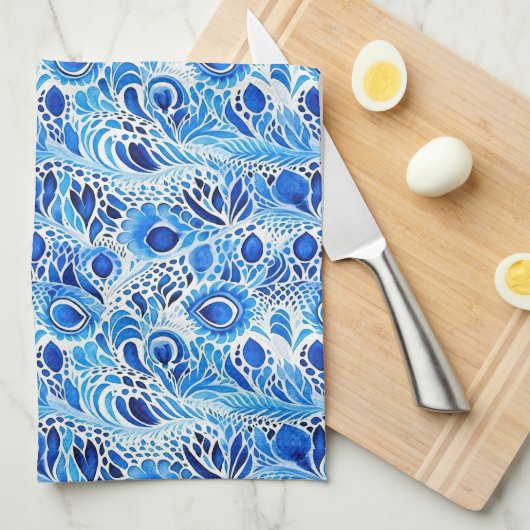 Blauwe witte pauwenveren theedoek (Quarter Fold)