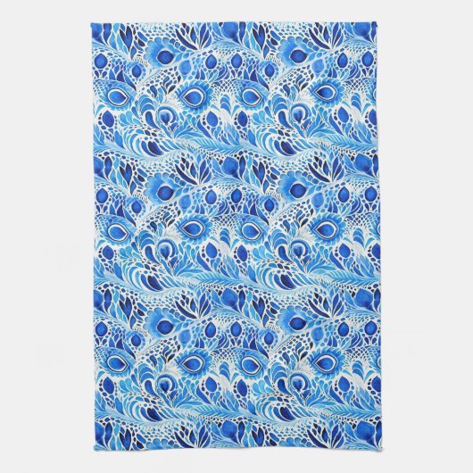 Blauwe witte pauwenveren theedoek (Verticaal)