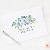 Blauwe Witte Pioen Bloemen Aangepaste Tuin Bruilof Ovale Sticker (Envelop)