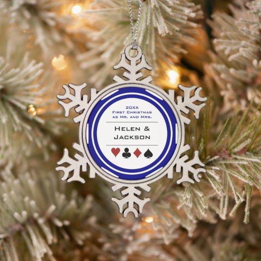 Blauwe Witte Pookspaander Eerste Kerstmis Mr. & Mr Tin Sneeuwvlok Ornament (Boom)