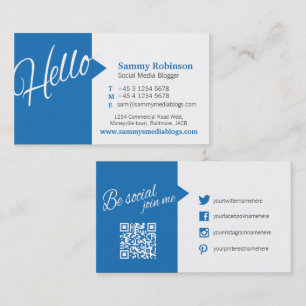 Blauwe witte quote sociale media en QR-code Visitekaartje