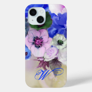 BLAUWE WITTE ROZEN EN ANEMONE BLOEMEN MONOGRAM iPhone 15 CASE