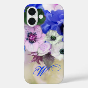 BLAUWE WITTE ROZEN EN ANEMONEBLOEMEN MONOGRAM iPhone 16 HOESJE