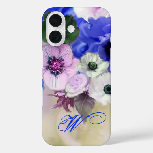 BLAUWE WITTE ROZEN EN ANEMONEBLOEMEN MONOGRAM Case-Mate iPhone CASE (Achterkant)