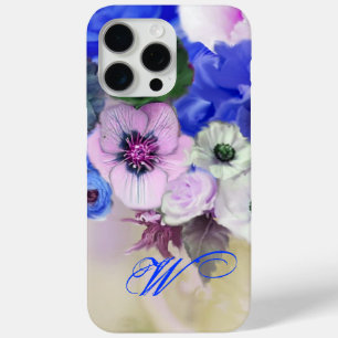 BLAUWE WITTE ROZEN EN ANEMONEBLOEMEN MONOGRAM iPhone 15 PRO MAX HOESJE