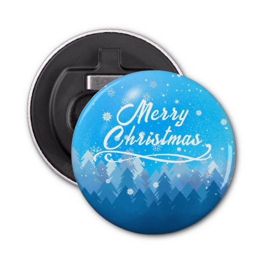 Blauwe witte sneeuw vreedzame boskerst button flesopener (Voorkant)