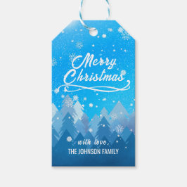 Blauwe witte sneeuw vreedzame boskerst cadeaulabel