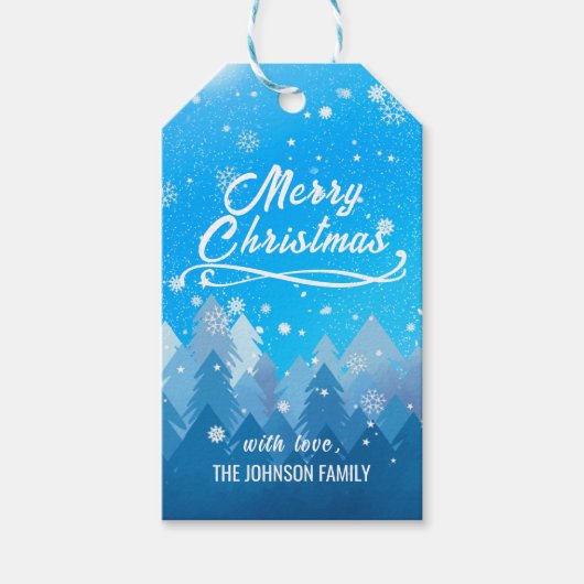 Blauwe witte sneeuw vreedzame boskerst cadeaulabel (Voorkant)