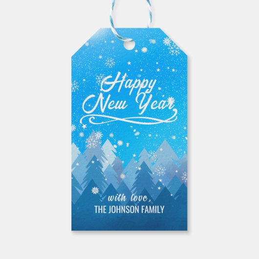 Blauwe witte sneeuw vreedzame boskerst cadeaulabel (Achterkant)