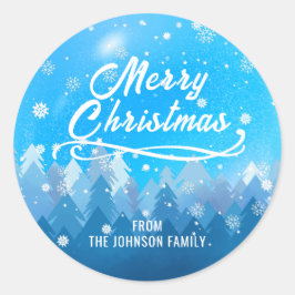 Blauwe witte sneeuw vreedzame boskerst ronde sticker