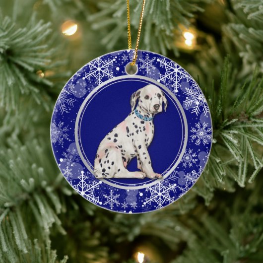 Blauwe witte sneeuwflake Dalmatian Puppy Keramisch Ornament (Boom)