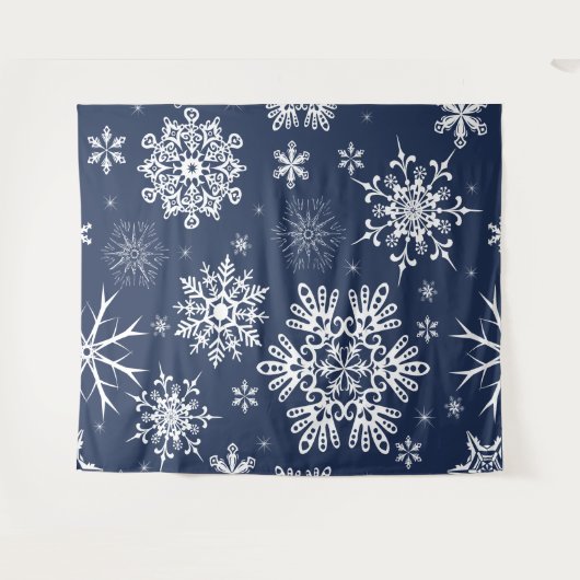 Blauwe witte sneeuwvlok met kerstachtergrond  wandkleed (Voorkant (horizontaal))