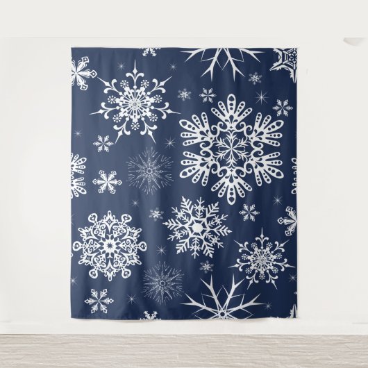 Blauwe witte sneeuwvlok met kerstachtergrond  wandkleed (Voorkant)