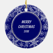 Blauwe witte sneeuwvlok Witte paardenkerst Keramisch Ornament (Achterkant)