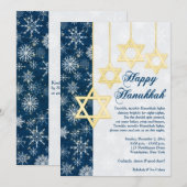 Blauwe, Witte Sneeuwvlokken Chanoeka Party Uitnodi Kaart (Voorkant / Achterkant)