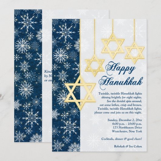 Blauwe, Witte Sneeuwvlokken Chanoeka Party Uitnodi Kaart (Voorkant / Achterkant)