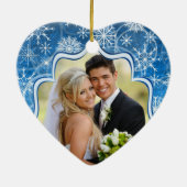 Blauwe witte sneeuwvlokken Fotokerstversiering Keramisch Ornament (Achterkant)