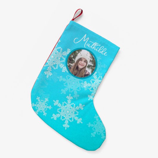 Blauwe Witte Sneeuwvlokken Minimalistische Kerst F Kleine Kerstsok (Voorkant (Hangend))