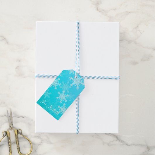 Blauwe Witte Sneeuwvlokken Minimalistische Kerstmi Cadeaulabel (Met Touw)