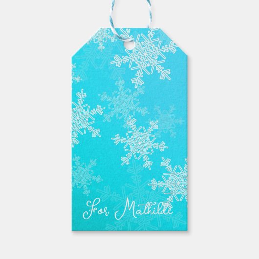 Blauwe Witte Sneeuwvlokken Minimalistische Kerstmi Cadeaulabel (Voorkant)