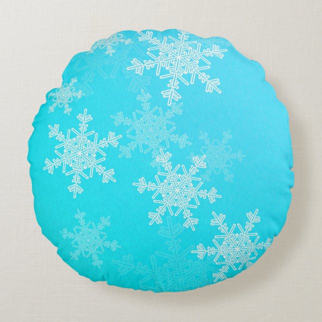 Blauwe Witte Sneeuwvlokken Minimalistische Kerstmi Rond Kussen (Voorkant)