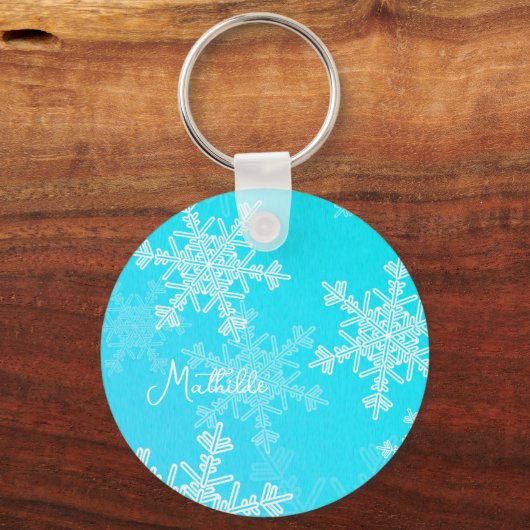 Blauwe witte sneeuwvlokken Minimalistische kerstna Sleutelhanger (Voorkant)