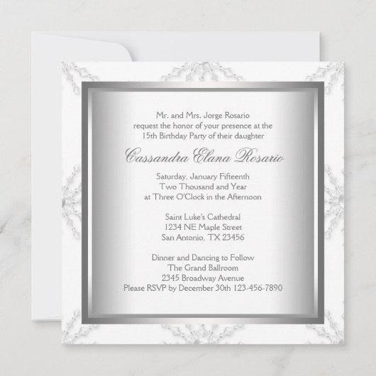 Blauwe Witte Sneeuwvlokken Quinceanera Kaart (Achterkant)