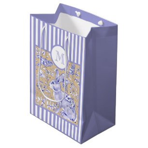 Blauwe witte streep Tan Rabbit Bird Monogram Medium Cadeauzakje