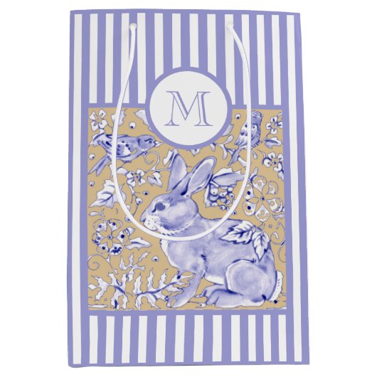 Blauwe witte streep Tan Rabbit Bird Monogram Medium Cadeauzakje (Voorkant)