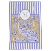 Blauwe witte streep Tan Rabbit Bird Monogram Medium Cadeauzakje (Achterkant)