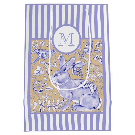 Blauwe witte streep Tan Rabbit Bird Monogram Medium Cadeauzakje (Achterkant)