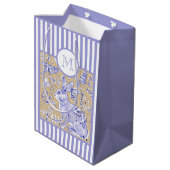 Blauwe witte streep Tan Rabbit Bird Monogram Medium Cadeauzakje (Achterkant Gekanteld)