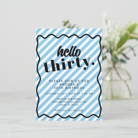 Blauwe witte strepen 30e verjaardag kaart (Staand voorkant)