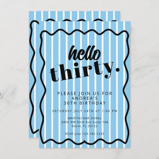 Blauwe witte strepen 30e verjaardag kaart (Voorkant / Achterkant)