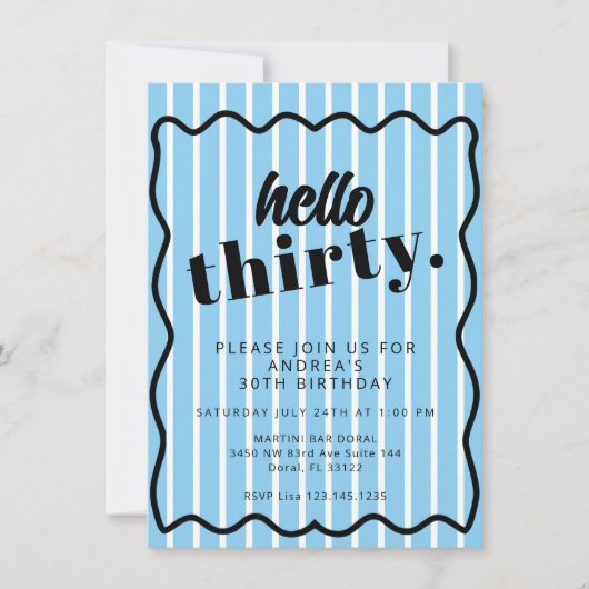 Blauwe witte strepen 30e verjaardag kaart (Voorkant)