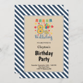 Blauwe/witte strepen, achtste verjaardag kaart (Voorkant / Achterkant)