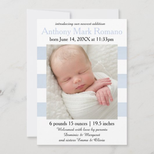 Blauwe/witte strepen Foto - Aankondiging geboorte (Voorkant)