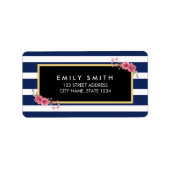 Blauwe witte strepen met Waterverf Floral adres Etiket (Voorkant)