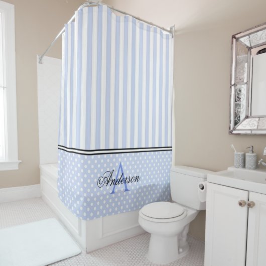 Blauwe & Witte Strepen Monogram Douchegordijn (In situ)