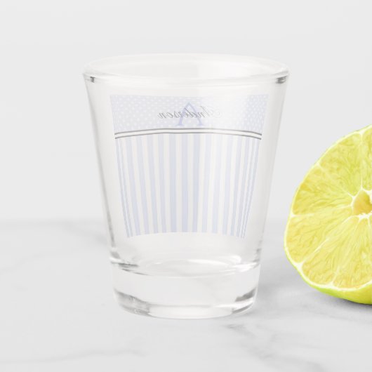 Blauwe & Witte Strepen Monogram Shot Glas (Achterkant)