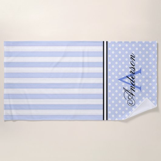 Blauwe & Witte Strepen Monogram Strandlaken (Voorkant)