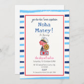 Blauwe & Witte Strepen Nautische 1e Verjaardag Kaart (Voorkant / Achterkant)