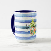 Blauwe witte strepen tropische sinaasappel mok (Voorkant links)