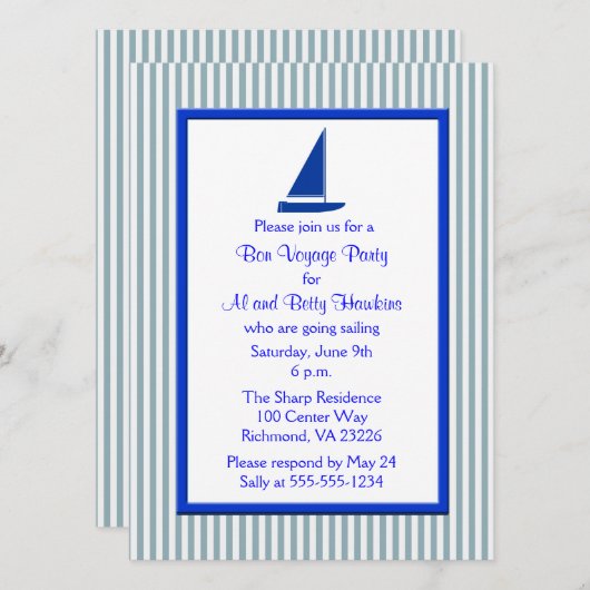 Blauwe Witte Stripes Boat Bon Voyage Party Kaart (Voorkant / Achterkant)