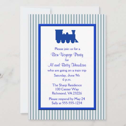 Blauwe Witte Stripes Train Bon Voyage Kaart (Voorkant)