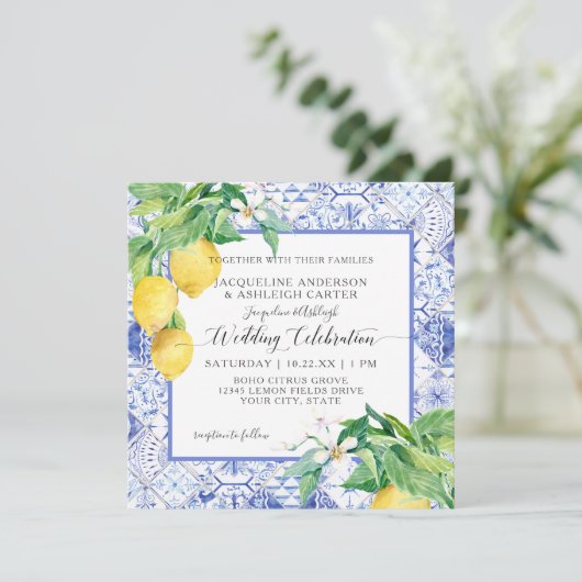 Blauwe witte Tegel Lemon Floral Citrus Foliage Rus Kaart (Staand voorkant)